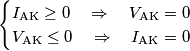 \begin{cases}
I_\text{AK}\ge0\quad\Rightarrow\quad V_\text{AK}=0 \\
V_\text{AK}\le 0 \quad \Rightarrow\quad I_\text{AK}=0
\end{cases} \begin{cases}
I_\text{AK}\ge0\quad\Rightarrow\quad V_\text{AK}=0 \\
V_\text{AK}\le 0 \quad \Rightarrow\quad I_\text{AK}=0
\end{cases}