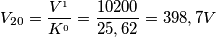 V_{20}= \frac{V^{_{1}}}{K^{_{0}}} = \frac{10200}{25,62} = 398,7 V