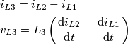 \begin{align}
& i_{L3}=i_{L2}-i_{L1} \\
& v_{L3}=L_{3}\left( \frac{\text{d}i_{L2}}{\text{d}t}-\frac{\text{d}i_{L1}}{\text{d}t} \right) \\
\end{align} \begin{align}
& i_{L3}=i_{L2}-i_{L1} \\
& v_{L3}=L_{3}\left( \frac{\text{d}i_{L2}}{\text{d}t}-\frac{\text{d}i_{L1}}{\text{d}t} \right) \\
\end{align}