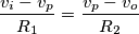 \frac{v_{i}-v_{p}}{R_{1}}=\frac{v_{p}-v_{o}}{R_{2}} \frac{v_{i}-v_{p}}{R_{1}}=\frac{v_{p}-v_{o}}{R_{2}}