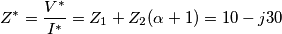 {{Z}^{*}}=\frac{{{V}^{*}}}{{{I}^{*}}}={{Z}_{1}}+{{Z}_{2}}(\alpha +1)=10-j30