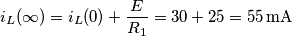 {{i}_{L}}(\infty )={{i}_{L}}(0)+\frac{E}{{{R}_{1}}}=30+25=55\,\text{mA} {{i}_{L}}(\infty )={{i}_{L}}(0)+\frac{E}{{{R}_{1}}}=30+25=55\,\text{mA}