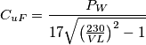 C_{uF}=\frac{P_{W}}{17\sqrt{\left ( \frac{230}{VL} \right )^{2}-1}} C_{uF}=\frac{P_{W}}{17\sqrt{\left ( \frac{230}{VL} \right )^{2}-1}}