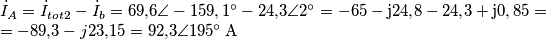 \begin{array}{l}
{{\dot I}_A} = {{\dot I}_{tot2}} - {{\dot I}_b} = 69{,}6\angle  - 159,1^\circ  - 24{,}3\angle 2^\circ  =  - 65 - {\rm{j}}24{,}8 - 24{,}3 + {\rm{j0,85}} = \\
 =  - 89{,}3 - j23{,}15 = 92{,}3\angle 195^\circ  \, {\rm{A}}
\end{array}
