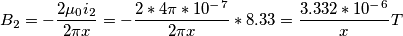 B_2=-\frac{2\mu_0 i_2}{2\pi x}=-\frac{2*4\pi*10^-^7}{2\pi x}*8.33=\frac{3.332*10^-^6}{x} T