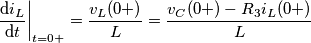 {{\left. \frac{\text{d}{{i}_{L}}}{\text{d}t} \right|}_{t=0+}}=\frac{{{v}_{L}}(0+)}{L}=\frac{{{v}_{C}}(0+)-{{R}_{3}}{{i}_{L}}(0+)}{L} {{\left. \frac{\text{d}{{i}_{L}}}{\text{d}t} \right|}_{t=0+}}=\frac{{{v}_{L}}(0+)}{L}=\frac{{{v}_{C}}(0+)-{{R}_{3}}{{i}_{L}}(0+)}{L}