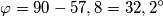 \varphi=90-57,8=32,2^\circ