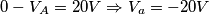 0-V_{A}=20V\Rightarrow V_{a}=-20 V