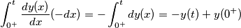 \int_{0^{+}}^{t}\frac{dy(x)}{dx}(-dx) = -\int_{0^{+}}^{t}dy(x) = - y(t)+y(0^{+})