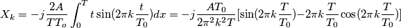 X_k = -j \frac{2 A}{T T_o} \int_{0}^{ T} t \sin(2 \pi k \frac{t}{T_0}) dx = -j \frac{A T_0}{2 \pi^2 k^2 T}[ \sin(2 \pi k \frac{T}{T_0})- 2 \pi k \frac{T}{T_0} \cos(2 \pi k \frac{T}{T_0})]
