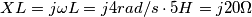 XL = j\omega L = j 4 rad/s\cdot 5H = j20 \Omega XL = j\omega L = j 4 rad/s\cdot 5H = j20 \Omega
