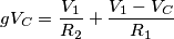 g V_C=\frac{V_1}{R_2}+\frac{V_1-V_C}{R_1} g V_C=\frac{V_1}{R_2}+\frac{V_1-V_C}{R_1}