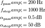 \begin{aligned}
f_\text{pass} &= 200\,\text{Hz}\\
f_\text{stop} &= 1000\,\text{Hz}\\
\alpha_\text{pass} &= 0.5\,\text{dB}\\
\alpha_\text{stop} &= 50\,\text{dB}
\end{aligned}