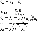 \[\begin{array}{l}
{i_L} = {i_2} - {i_1}\\
\\
{R_{13}} = \frac{{{R_1}{R_3}}}{{{R_1} + {R_3}}}\\
{i_2} = {j_1} = j(t)\frac{{{R_{13}}}}{{{R_{13}} + {R_2}}}\\
{i_1} =  - {j_2}\frac{{{R_3}}}{{{R_1} + {R_3}}}\\
{j_2} = j(t) - {j_1}
\end{array}\]