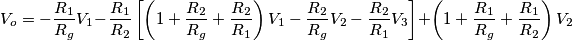 V_o=-\frac{R_1}{R_g}V_1-\frac{R_1}{R_2}\left[  \left(1+\frac{R_2}{R_g}+\frac{R_2}{R_1}\right)V_1 -\frac{R_2}{R_g}V_2 -\frac{R_2}{R_1}V_3\right]+\left(1+\frac{R_1}{R_g}+\frac{R_1}{R_2}\right)V_2