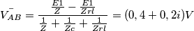 \bar{V_{AB}}=\frac{\frac{E1}{Z}-\frac{E1}{Zrl}}{\frac{1}{Z}+\frac{1}{Zc}+\frac{1}{Zrl}}=(0,4+0,2i )V