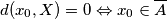 d(x_0,X)=0 \Leftrightarrow x_0 \in \overline{A} d(x_0,X)=0 \Leftrightarrow x_0 \in \overline{A}