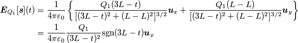 \begin{align} \boldsymbol{E}_{Q_1}[\boldsymbol{s}](t) &=\frac{1}{4\pi\varepsilon_0} \left \{\frac{Q_1 (3L-t)}{ [(3L-t)^2+(L-L)^2]^{3/2}} \boldsymbol{u}_x+ \frac{Q_1 (L-L)}{ [(3L-t)^2+(L-L)^2]^{3/2}} \boldsymbol{u}_y \right \} \\
&=\frac{1}{4\pi\varepsilon_0} \frac{Q_1}{(3L-t)^2} \text{sgn}(3L-t)\boldsymbol{u}_x 
\end{align}
