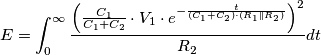 E = \int_0 ^ \infty \frac{ \left(  \frac{C_1}{C_1 + C_2}\cdot V_1  \cdot e^{- \frac{t}{(C_1 + C_2) \cdot (R_1 \parallel R_2)}} \right) ^2}{R_2} dt
