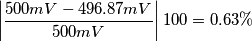 \left|\frac{500mV-496.87mV}{500mV}\right|100=0.63\% \left|\frac{500mV-496.87mV}{500mV}\right|100=0.63\%