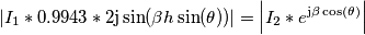 \left | I_1 * 0.9943 *2\mathrm {j}\sin(\beta h \sin(\theta)) \right |=\left | I_2*e^{\mathrm {j}\beta \cos(\theta)} \right |