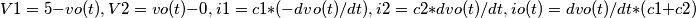 V1 = 5 - vo(t), V2 = vo(t)-0 , i1 = c1 * (-dvo(t)/dt), i2 = c2*dvo(t)/dt, io(t) = dvo(t)/dt*(c1+c2)