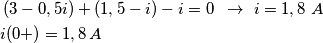 \begin{align}
  & \left( 3-0,5i \right)+(1,5-i)-i=0\,\,\,\to \,\,i=1,8\,\,A \\ 
 & i(0+)=1,8\,A \\ 
\end{align}