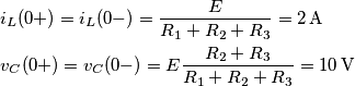 \begin{align}
& {{i}_{L}}(0+)={{i}_{L}}(0-)=\frac{E}{{{R}_{1}}+{{R}_{2}}+{{R}_{3}}}=2\,\text{A} \\
& {{v}_{C}}(0+)={{v}_{C}}(0-)=E\frac{{{R}_{2}}+{{R}_{3}}}{{{R}_{1}}+{{R}_{2}}+{{R}_{3}}}=10\,\text{V} \\
\end{align} \begin{align}
& {{i}_{L}}(0+)={{i}_{L}}(0-)=\frac{E}{{{R}_{1}}+{{R}_{2}}+{{R}_{3}}}=2\,\text{A} \\
& {{v}_{C}}(0+)={{v}_{C}}(0-)=E\frac{{{R}_{2}}+{{R}_{3}}}{{{R}_{1}}+{{R}_{2}}+{{R}_{3}}}=10\,\text{V} \\
\end{align}