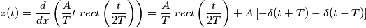 z(t) = \frac{d}{dx}\left(\frac{A}{T} t\; rect\left(\frac{t}{2T} \right) \right) = \frac{A}{T} \; rect\left(\frac{t}{2T}\right)+A \left[ -\delta(t+T)-\delta(t-T) \right]