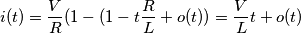 i(t)=\frac{V}{R}(1-(1-t\frac{R}{L}+o(t))=\frac{V}{L}t+o(t)