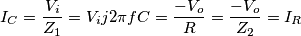 I_C= \frac{V_i}{Z_1}=V_i j2 \pi fC= \frac{-V_o}{R}= \frac{-V_o}{Z_2}=  I_R