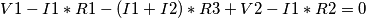 V1-I1*R1-(I1+I2)*R3+V2-I1*R2=0