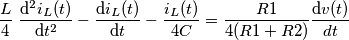 \frac{L}{4}\ \frac{\mathrm{d^2}i_L(t) }{\mathrm{d} t^2}-\frac{\mathrm{d}i_L(t) }{\mathrm{d} t}-\frac{i_L(t)}{4C}=\frac{R1}{4(R1+R2)}\frac{\mathrm{d}v(t) }{\mathrmh{d} t}