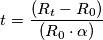 t= \frac{\left ( R_{t}-R_{0}\right )}{\left ( R_{0}\cdot\alpha   \right )}
