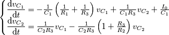 \begin{cases}
\dfrac{\mathrm{d}v_{C_1}}{\mathrm{d}t} = - \frac{1}{C_1} \left( \frac{1}{R_1} + \frac{1}{R_3} \right) v_{C_1} + \frac{1}{C_1 R_3} v_{C_2} + \frac{I_0}{C_1} \\
\dfrac{\mathrm{d}v_{C_2}}{\mathrm{d}t} = \frac{1}{C_2 R_3} v_{C_1} - \frac{1}{C_2 R_3} \left( 1+ \frac{R_3}{R_2} \right) v_{C_2}
\end{cases} \begin{cases}
\dfrac{\mathrm{d}v_{C_1}}{\mathrm{d}t} = - \frac{1}{C_1} \left( \frac{1}{R_1} + \frac{1}{R_3} \right) v_{C_1} + \frac{1}{C_1 R_3} v_{C_2} + \frac{I_0}{C_1} \\
\dfrac{\mathrm{d}v_{C_2}}{\mathrm{d}t} = \frac{1}{C_2 R_3} v_{C_1} - \frac{1}{C_2 R_3} \left( 1+ \frac{R_3}{R_2} \right) v_{C_2}
\end{cases}