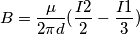 B=\frac{\mu}{2\pi d}(\frac{I2}{2}-\frac{I1}{3})