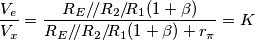 \frac{V_e}{V_x}=\frac{R_E/\!/R_2/\!R_1(1+\beta)}{R_E/\!/R_2/\!R_1(1+\beta)+r_\pi}=K