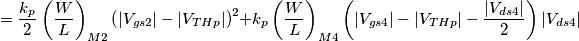 =\frac{k_p}{2}\left(\frac{W}{L}\right)_{M2}\left(|V_{gs2}|-|V_{THp}|\right)^2+k_p\left(\frac{W}{L}\right)_{M4} \left(|V_{gs4}|-|V_{THp}|-\frac{|V_{ds4}|}{2}\right)|V_{ds4}| =\frac{k_p}{2}\left(\frac{W}{L}\right)_{M2}\left(|V_{gs2}|-|V_{THp}|\right)^2+k_p\left(\frac{W}{L}\right)_{M4} \left(|V_{gs4}|-|V_{THp}|-\frac{|V_{ds4}|}{2}\right)|V_{ds4}|