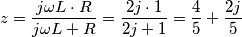 z=\frac{j\omega L\cdot R}{j\omega L+R}= \frac{2j\cdot 1}{2j+1}=\frac{4}{5}+\frac{2j}{5}