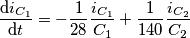 \frac{\text{d}i_{C_{1}}}{\text{d}t}=-\frac{1}{28}\frac{i_{C_{1}}}{C_{1}}+\frac{1}{140}\frac{i_{C_{2}}}{C_{2}} \frac{\text{d}i_{C_{1}}}{\text{d}t}=-\frac{1}{28}\frac{i_{C_{1}}}{C_{1}}+\frac{1}{140}\frac{i_{C_{2}}}{C_{2}}