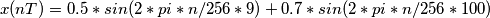 x(nT)=0.5*sin(2*pi*n/256*9)+0.7*sin(2*pi*n/256*100)