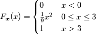 F_{\boldsymbol{x}}(x) = \begin{cases}
0 & x < 0 \\
\frac{1}{9}x^2 & 0 \le x \le 3 \\
1 & x > 3
\end{cases}