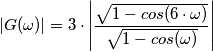 \left|G(\omega) \right| = 3 \cdot \left| \frac{\sqrt{1-cos(6 \cdot \omega)}}{\sqrt{1-cos(\omega)}} \right| \left|G(\omega) \right| = 3 \cdot \left| \frac{\sqrt{1-cos(6 \cdot \omega)}}{\sqrt{1-cos(\omega)}} \right|