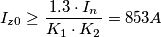 I_{z0}\geq\frac{1.3\cdot I_{n}}{K_{1}\cdot K_{2}}=853A