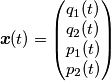 \boldsymbol{x}(t) = \begin{pmatrix}
q_1(t) \\ q_2(t) \\ p_1(t) \\ p_2(t)
\end{pmatrix}