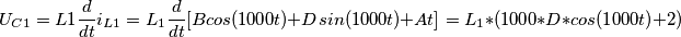 U_{C1}=L1\frac{d}{dt}i_{L1}=L_1\frac{d}{dt}[Bcos(1000t)+Dsin(1000t)+At]=L_1*(1000*D*cos(1000t)+2)
