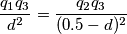 \frac{q_1q_3}{d^2} = \frac{q_2q_3}{(0.5 - d)^2}