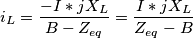 i_L = \frac{-I*jX_L}{B-Z_{eq}} = \frac{I*jX_L}{Z_{eq}-B} i_L = \frac{-I*jX_L}{B-Z_{eq}} = \frac{I*jX_L}{Z_{eq}-B}