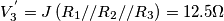 \[V_{3}^{'}=J\left ( R_{1}//R_{2} //R_{3}\right )= 12.5\Omega\]