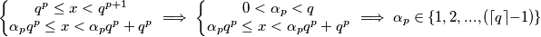 \left\{\begin{matrix}
q^p \leq x <q^{p+1}
\\ 
\alpha_pq^p \leq x <\alpha_pq^p+q^p
\end{matrix}\right. \implies \left\{\begin{matrix}
0<\alpha_p<q
\\ 
\alpha_pq^p \leq x <\alpha_pq^p+q^p
\end{matrix}\right.\implies \alpha_p\in\{1,2,..., (\lceil q \rceil-1)\}